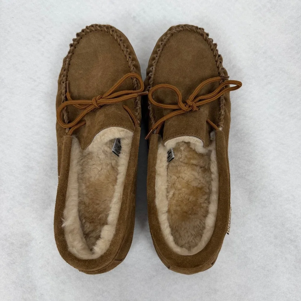 Bearpaw Suede Moccasin Slippers Mens 12 Brown Faux Fur Lined Cabin Cozy Shoes